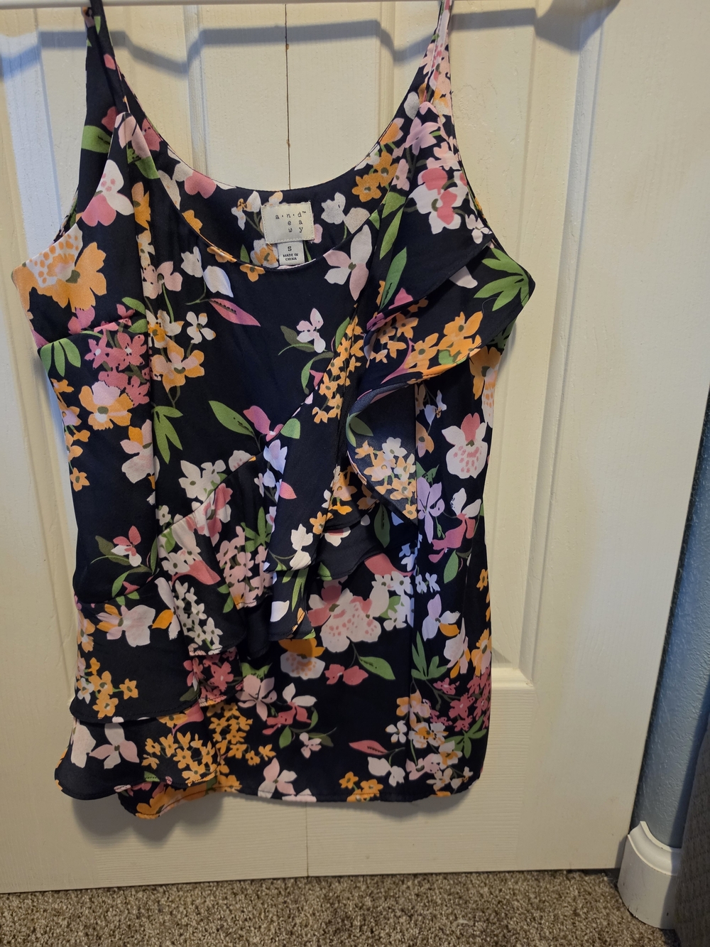a new day Navy Floral Ruffle Cami with Pink, Yellow & Green Accents